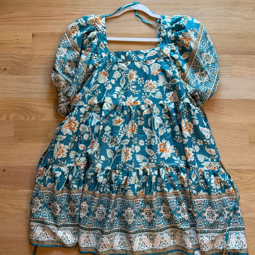 T.J.Maxx Teal Floral Mini Dress with Cream and Orange Accents
